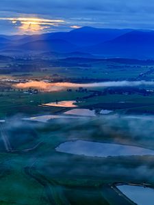 Preview wallpaper ponds, valley, mountains, clouds, sunrise, aerial view