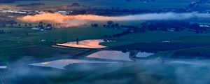 Preview wallpaper ponds, valley, mountains, clouds, sunrise, aerial view