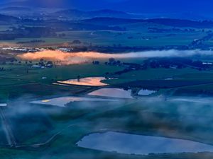 Preview wallpaper ponds, valley, mountains, clouds, sunrise, aerial view