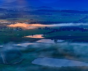 Preview wallpaper ponds, valley, mountains, clouds, sunrise, aerial view