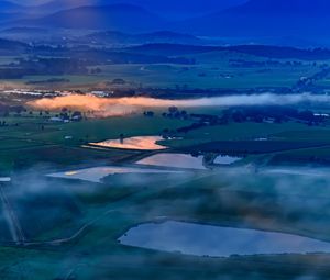 Preview wallpaper ponds, valley, mountains, clouds, sunrise, aerial view