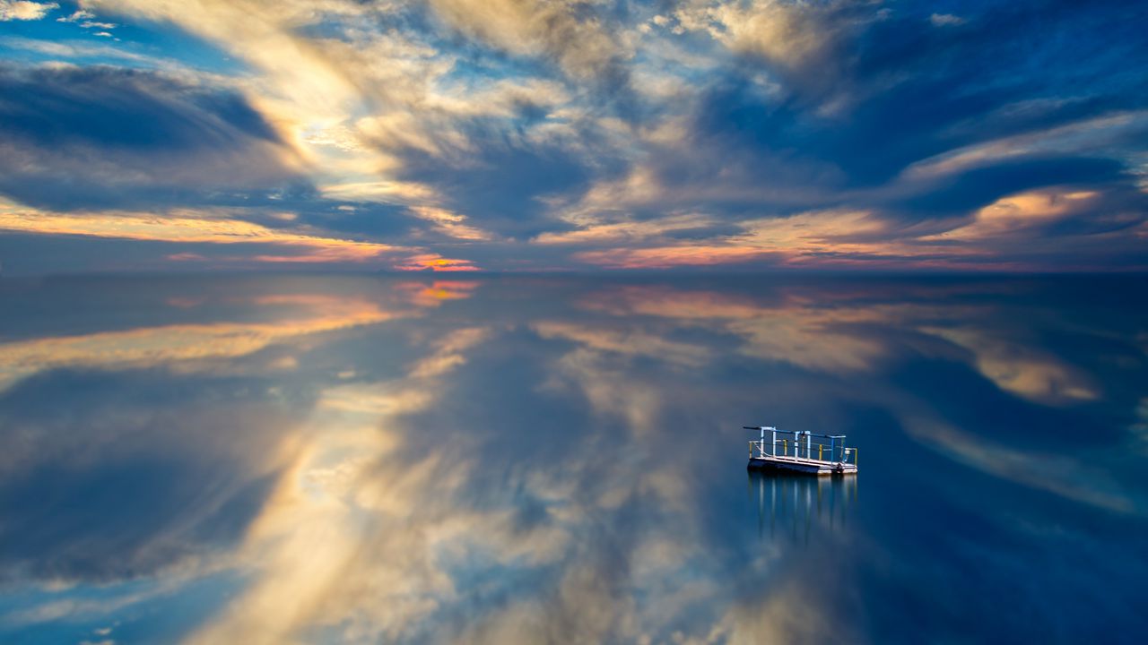 Wallpaper pontoon, float, sea, horizon, sunset