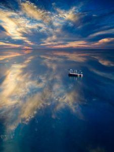 Preview wallpaper pontoon, float, sea, horizon, sunset