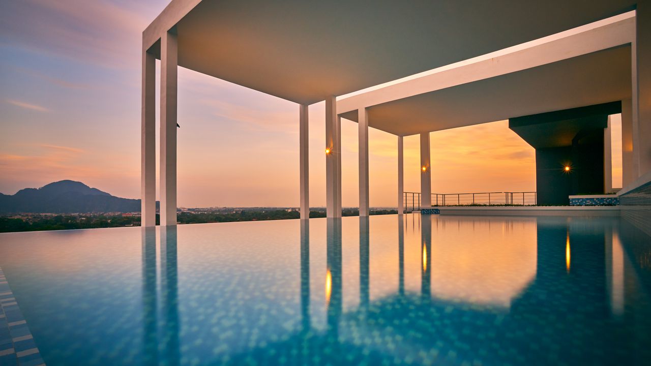 Wallpaper pool, building, architecture, sunset, relax