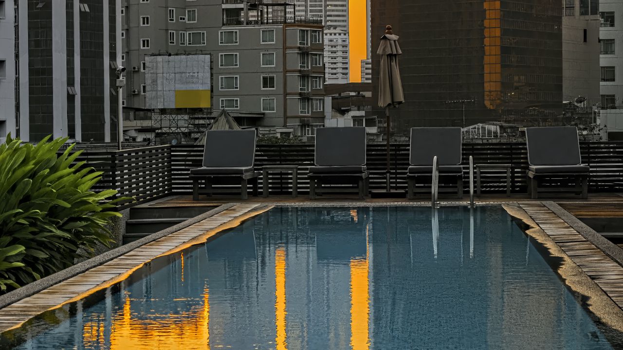 Wallpaper pool, buildings, city, sunrise