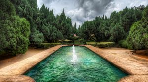 Preview wallpaper pool, fountain, wood, cloudy, colors, paints