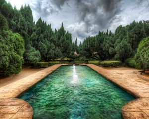 Preview wallpaper pool, fountain, wood, cloudy, colors, paints