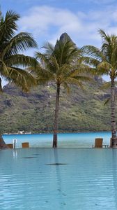 Preview wallpaper pool, palm trees, mountain, resort