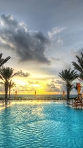 Preview wallpaper pool, palm trees, resort, azure, sky, clouds, volume