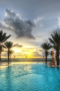 Preview wallpaper pool, palm trees, resort, azure, sky, clouds, volume