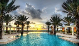 Preview wallpaper pool, palm trees, resort, azure, sky, clouds, volume