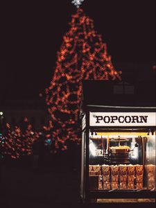 Preview wallpaper popcorn, glare, bokeh, christmas, new year, tree, winter