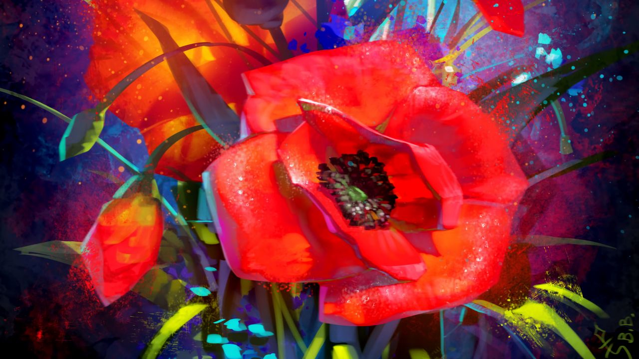 Wallpaper poppies, art, flowers, bouquet, red