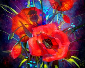 Preview wallpaper poppies, art, flowers, bouquet, red