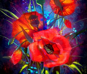 Preview wallpaper poppies, art, flowers, bouquet, red