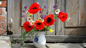 Preview wallpaper poppies, daisies, dandelions, flowers, field, flower, pitcher