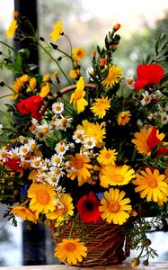 Preview wallpaper poppies, daisies, flowers, basket, bouquet