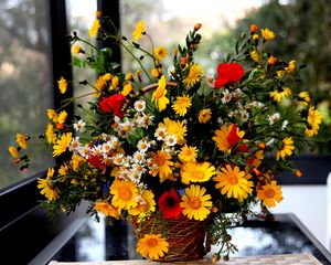 Preview wallpaper poppies, daisies, flowers, basket, bouquet