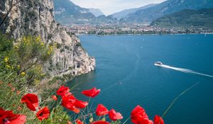 Preview wallpaper poppies, flowers, sea, boat, buildings, nature