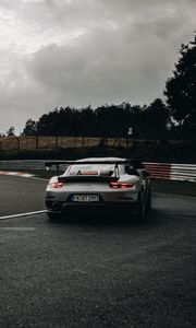 Preview wallpaper porsche 911 gt2 rs, porsche, car, sports car, gray, rear view, track