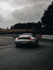 Preview wallpaper porsche 911 gt2 rs, porsche, car, sports car, gray, rear view, track