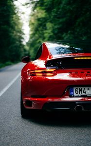 Preview wallpaper porsche 911, porsche, car, sportscar, red, rear view, road