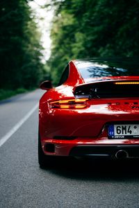 Preview wallpaper porsche 911, porsche, car, sportscar, red, rear view, road