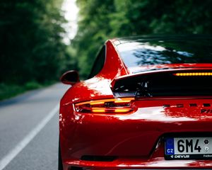 Preview wallpaper porsche 911, porsche, car, sportscar, red, rear view, road