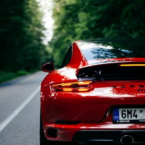 Preview wallpaper porsche 911, porsche, car, sportscar, red, rear view, road