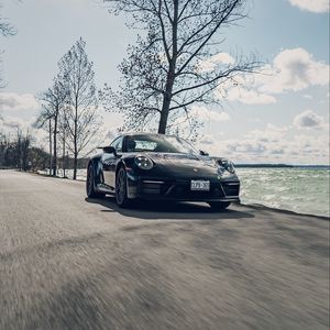 Preview wallpaper porsche 911, porsche, car, black, speed, road