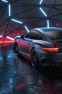 Preview wallpaper porsche 911 turbo s, porsche, car, sportscar, gray, neon, night