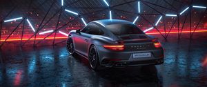 Preview wallpaper porsche 911 turbo s, porsche, car, sportscar, gray, neon, night