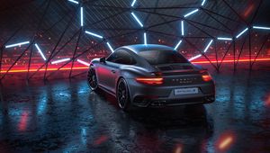 Preview wallpaper porsche 911 turbo s, porsche, car, sportscar, gray, neon, night