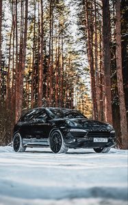 Preview wallpaper porsche, car, black, side view, forest, snow