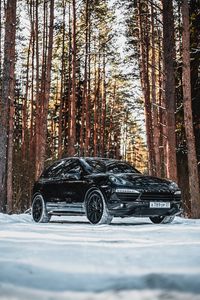 Preview wallpaper porsche, car, black, side view, forest, snow