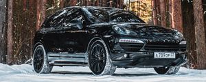 Preview wallpaper porsche, car, black, side view, forest, snow