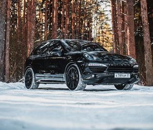 Preview wallpaper porsche, car, black, side view, forest, snow