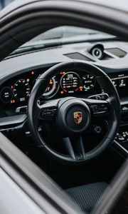 Preview wallpaper porsche, car, gray, steering wheel, control, salon