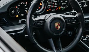 Preview wallpaper porsche, car, gray, steering wheel, control, salon