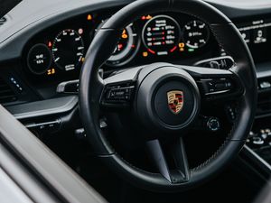 Preview wallpaper porsche, car, gray, steering wheel, control, salon