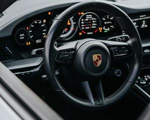 Preview wallpaper porsche, car, gray, steering wheel, control, salon