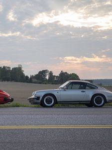 Preview wallpaper porsche, car, gray, road, twilight