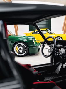 Preview wallpaper porsche, car, green, steering wheel, salon