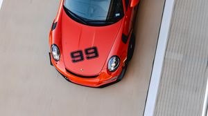Preview wallpaper porsche, car, red, track, aerial view