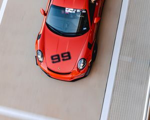 Preview wallpaper porsche, car, red, track, aerial view