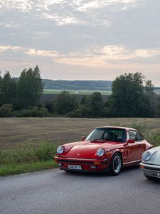 Preview wallpaper porsche, car, red, road, hills