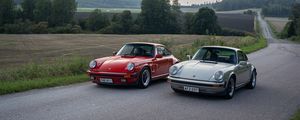 Preview wallpaper porsche, car, red, road, hills