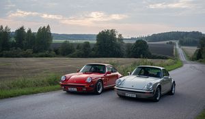 Preview wallpaper porsche, car, red, road, hills