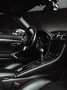 Preview wallpaper porsche, car, salon, steering wheel, black