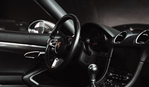 Preview wallpaper porsche, car, salon, steering wheel, black